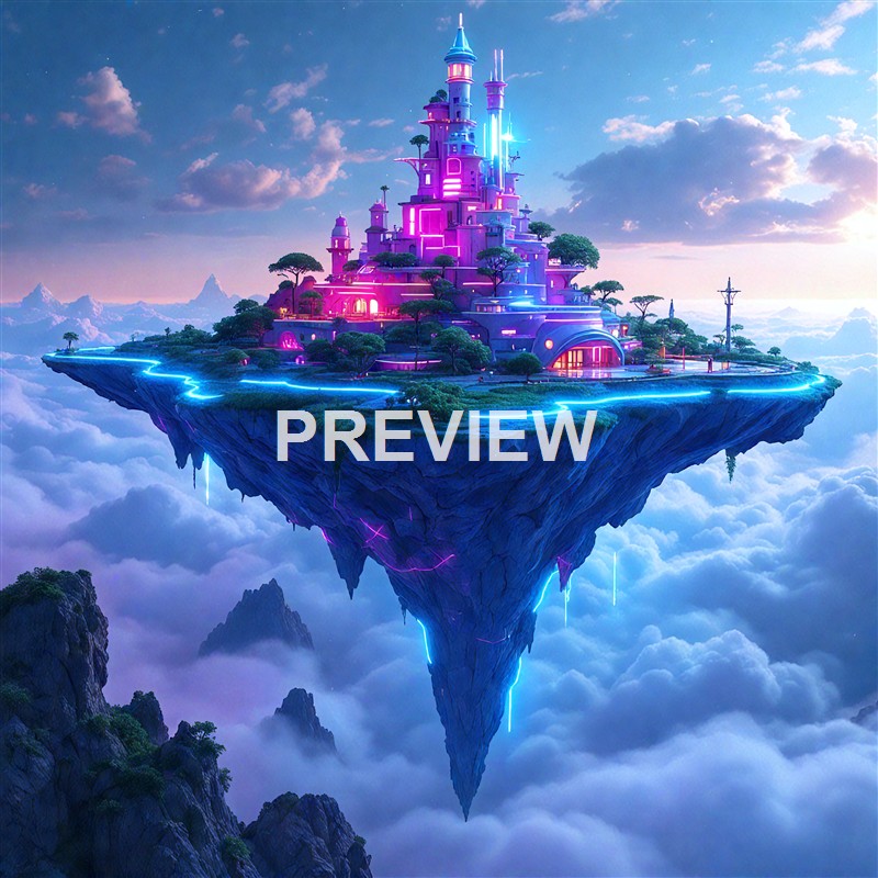 A fantastical floating island with a glowing pink and purple castle, surrounded by lush trees and connected by bright neon pathways, hovering above the clouds with distant mountain peaks in the background.